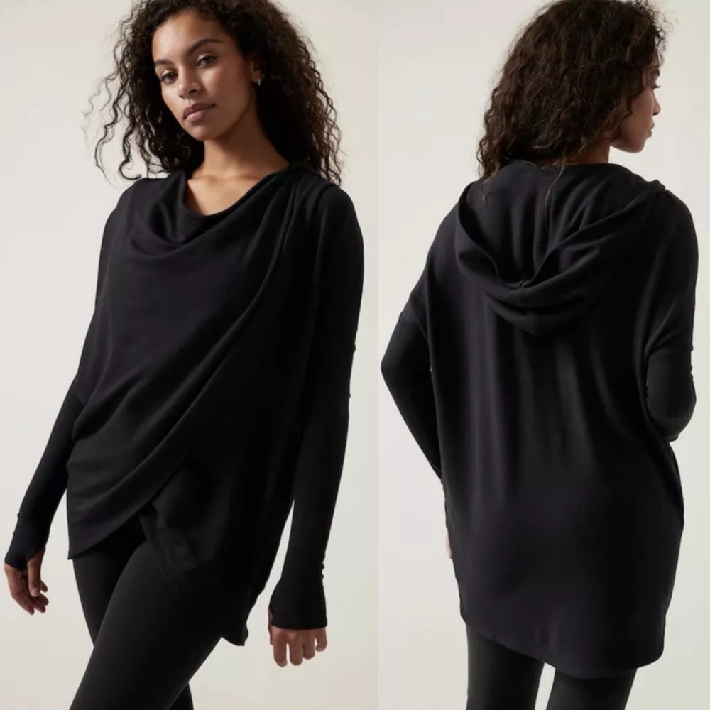 Athleta Purana Wrap Sweatshirt Size Large Fleece Drop Shoulders Black